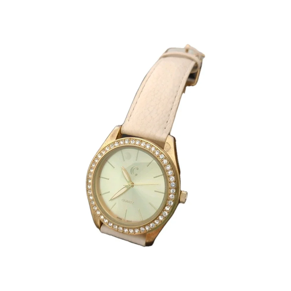 Women's Gold Tone Watch Crystal Bezel White Leather Strap Japan Movt NO:9688